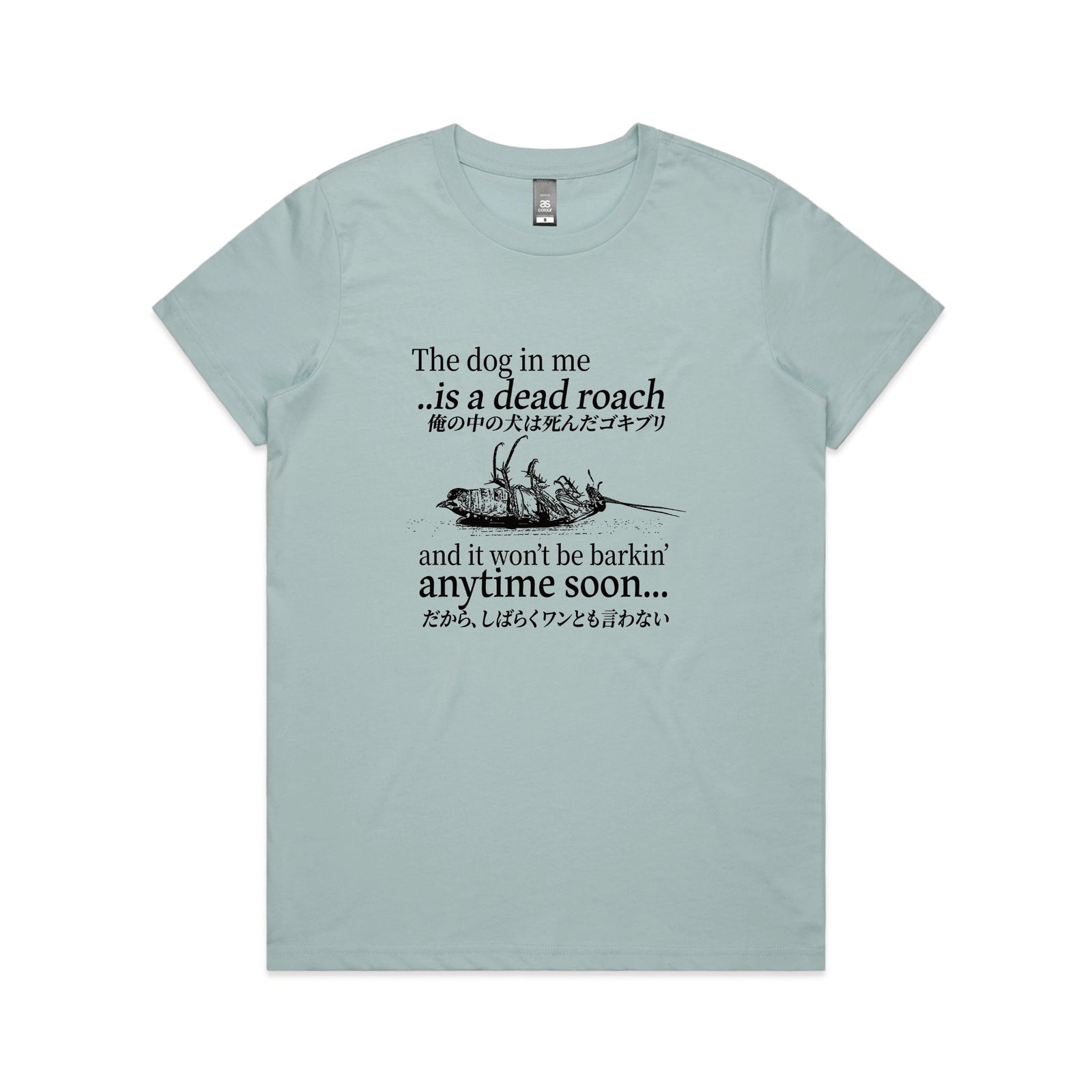 Pale Blue fitted womens t-shirt with Dead Roach graphic by Lonely Kids Club