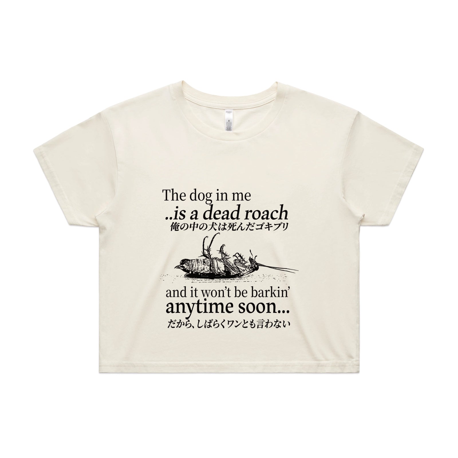 Ecru crop top with Dead Roach graphic by Lonely Kids Club