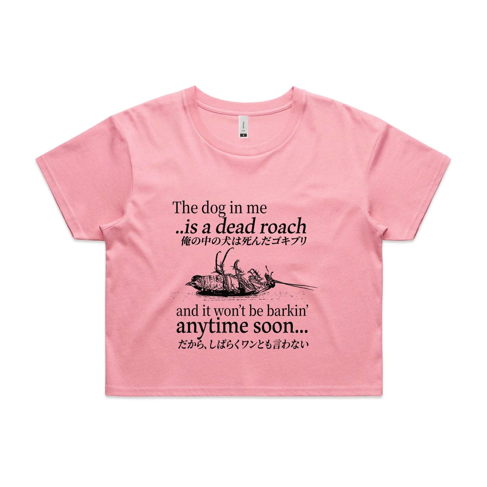 Bubblegum crop top with Dead Roach graphic by Lonely Kids Club