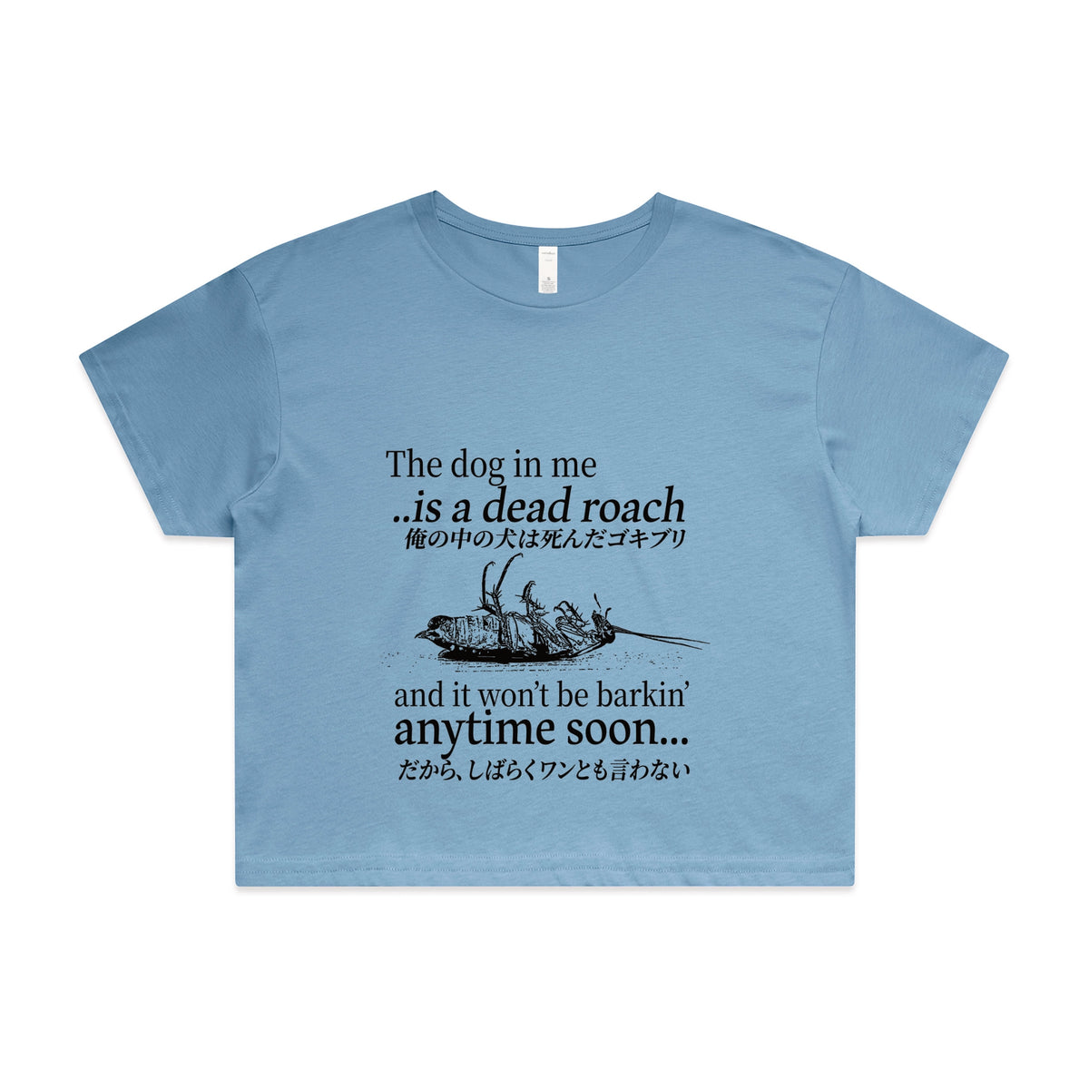 Carolina Blue crop top with Dead Roach graphic by Lonely Kids Club