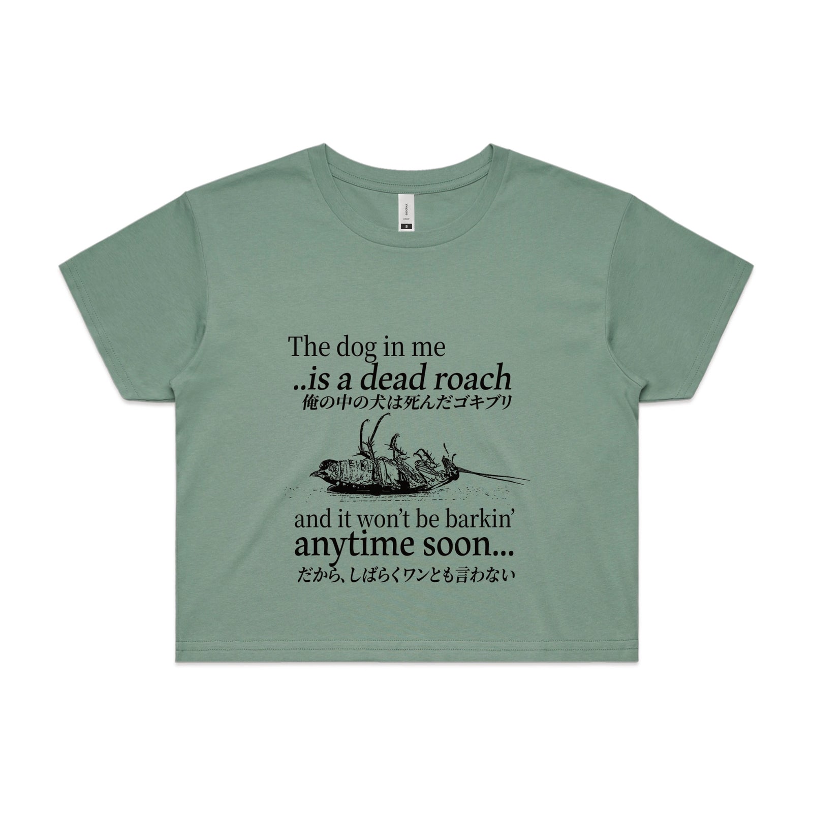 Sage crop top with Dead Roach graphic by Lonely Kids Club