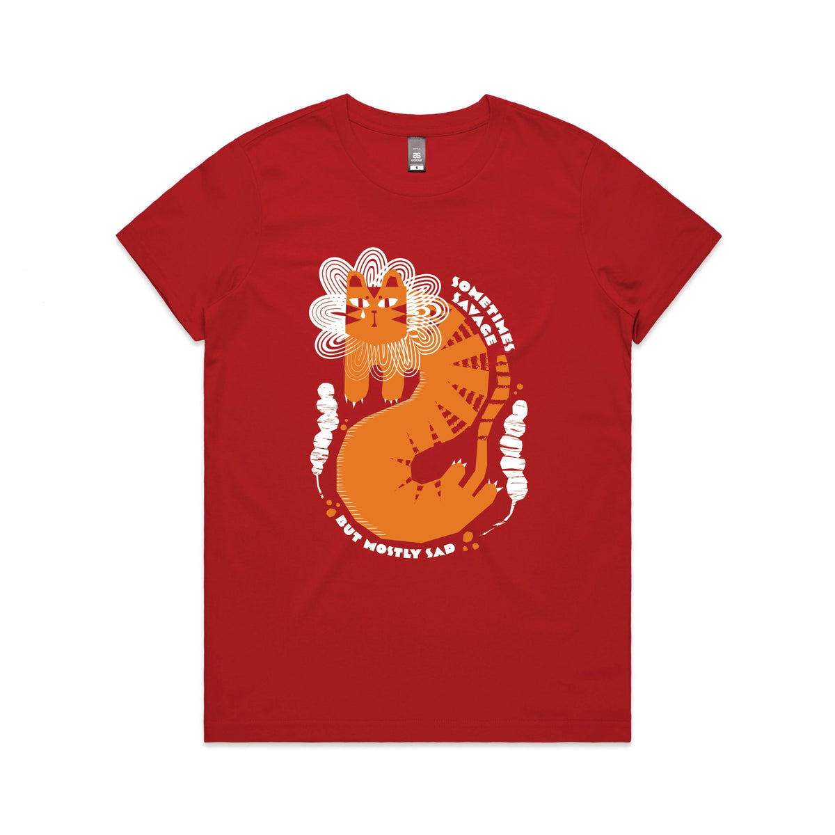 Red fitted womens t-shirt with Sometimes Savage graphic by Lonely Kids Club