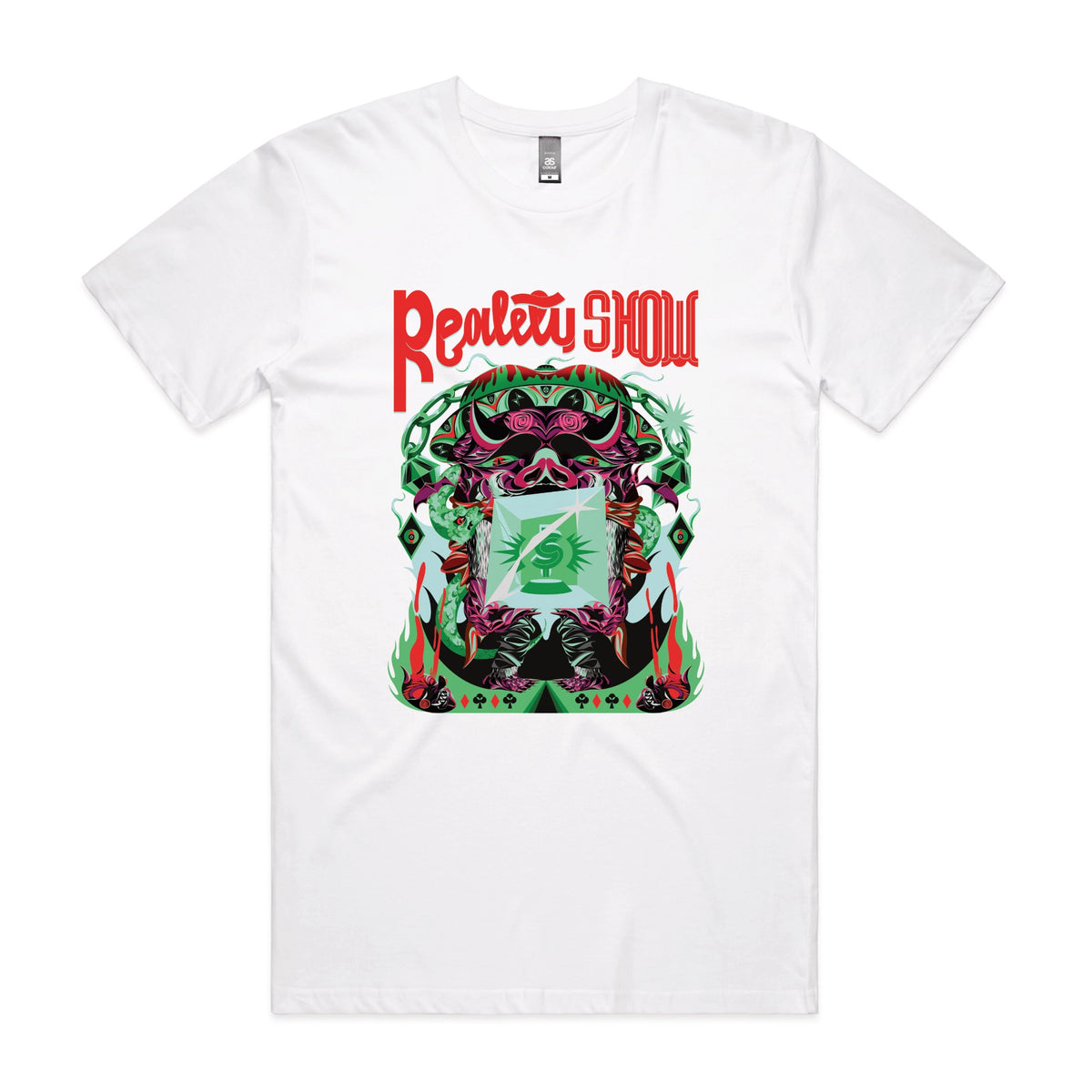 White unisex t-shirt with Reality Show graphic by Lonely Kids Club