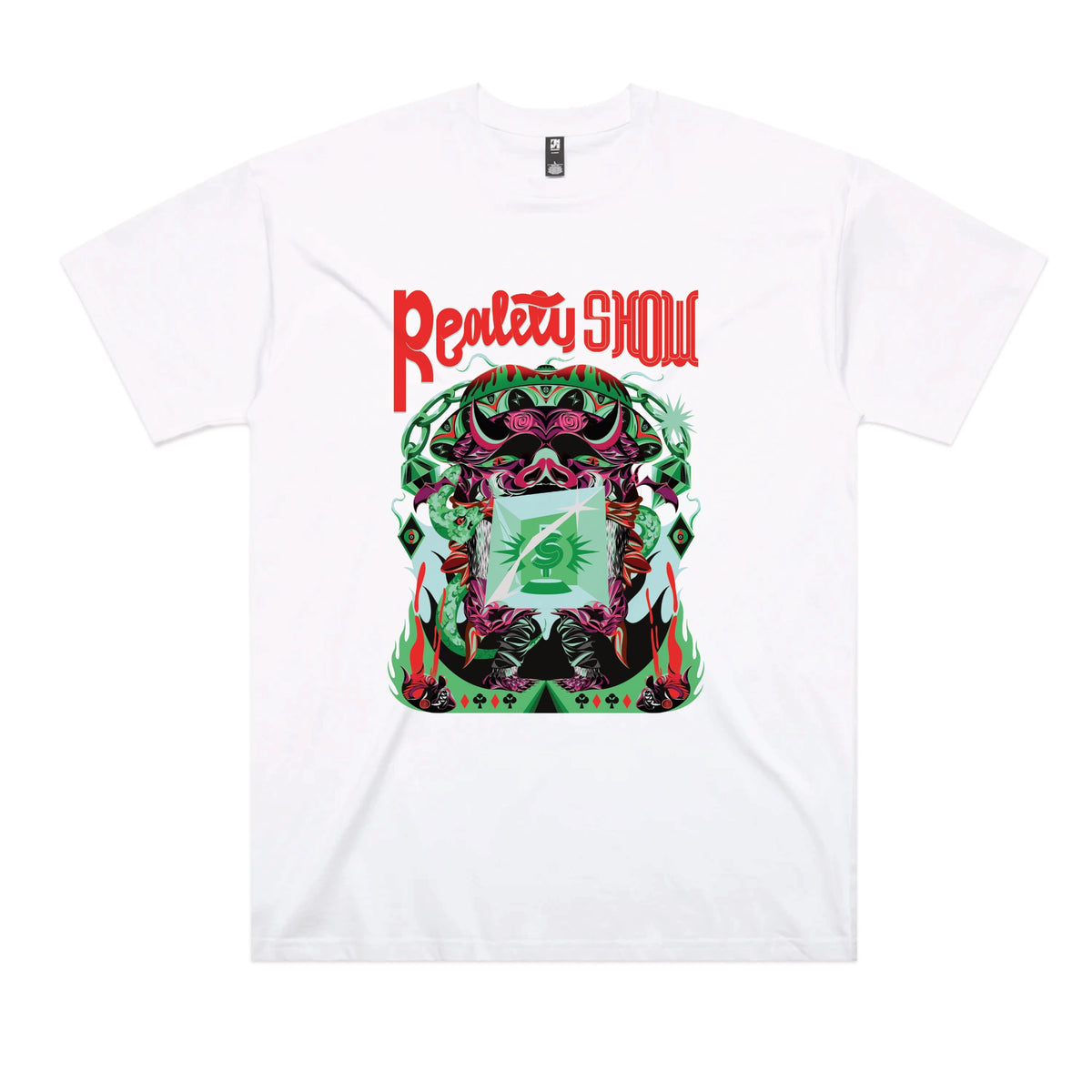 White oversized t-shirt with Reality Show graphic by Lonely Kids Club