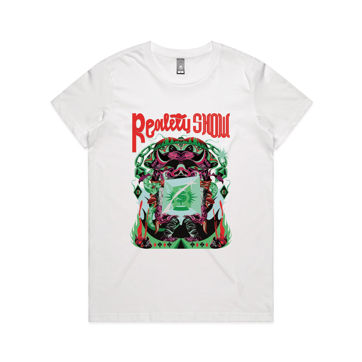 White fitted womens t-shirt with Reality Show graphic by Lonely Kids Club