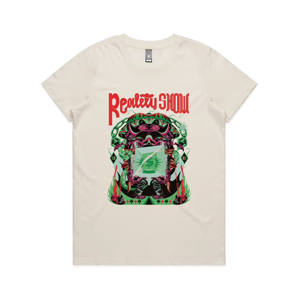 Ecru fitted womens t-shirt with Reality Show graphic by Lonely Kids Club