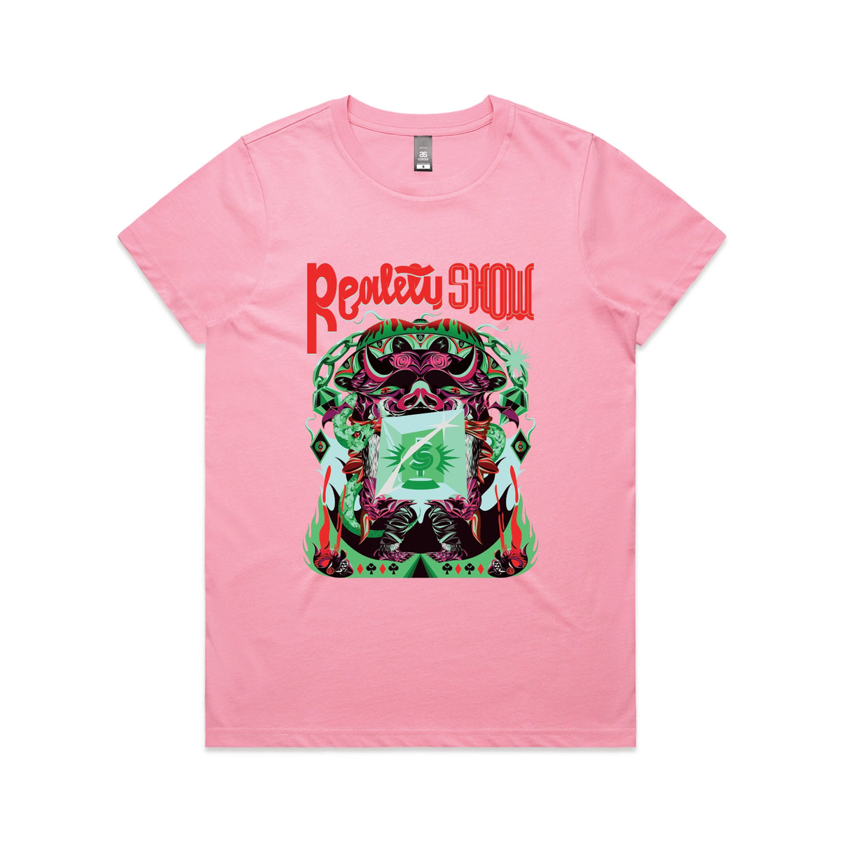 Bubblegum fitted womens t-shirt with Reality Show graphic by Lonely Kids Club