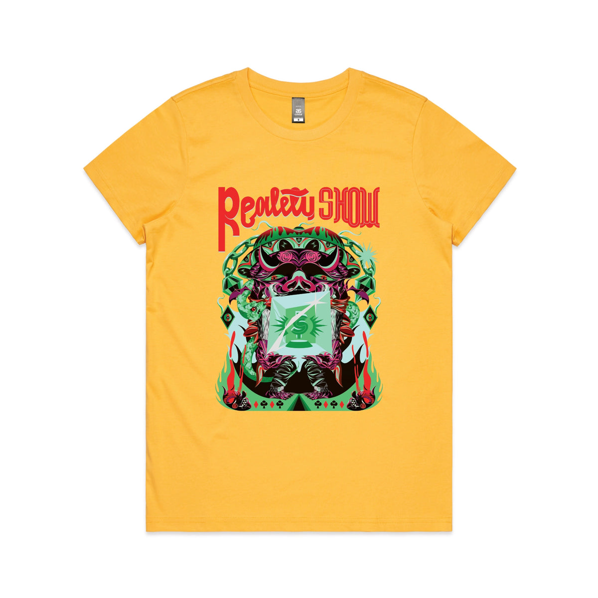 Yellow fitted womens t-shirt with Reality Show graphic by Lonely Kids Club