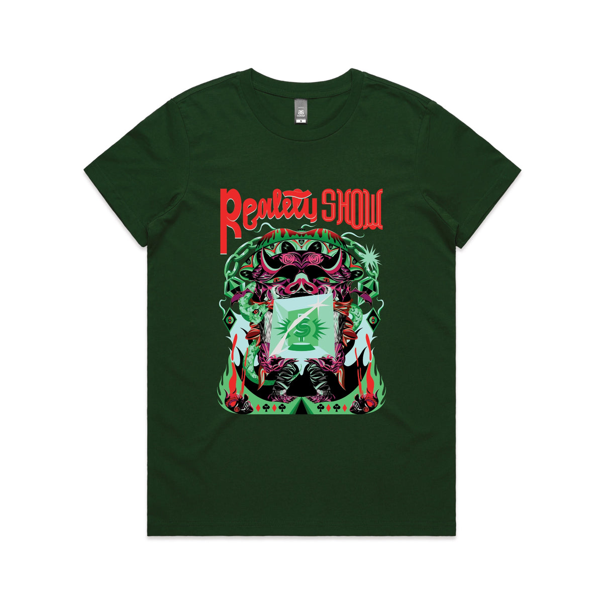 Forest Green fitted womens t-shirt with Reality Show graphic by Lonely Kids Club