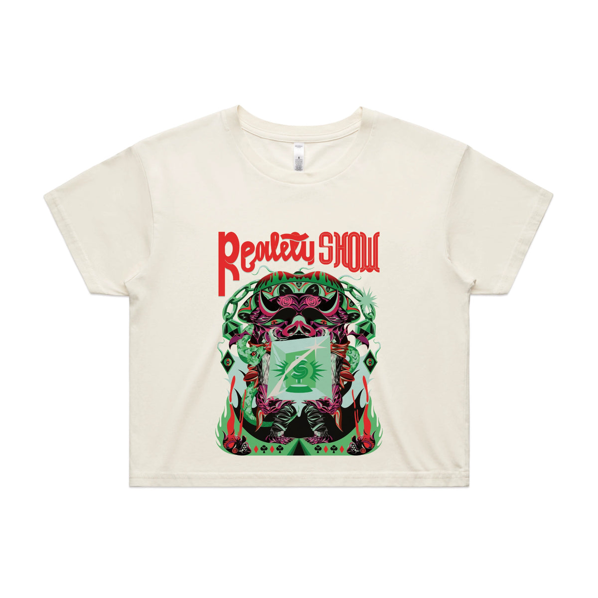 Ecru crop top with Reality Show graphic by Lonely Kids Club