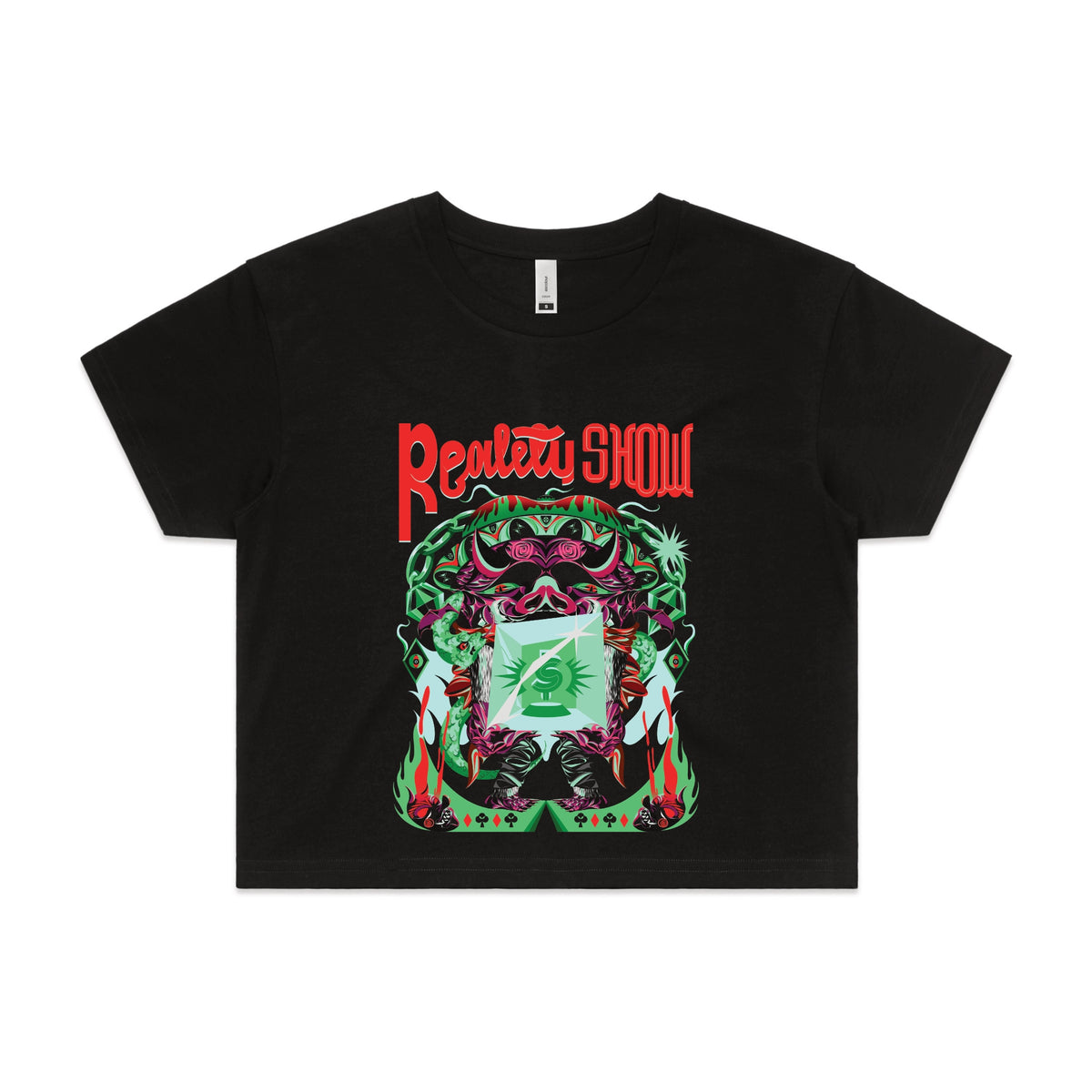 Black crop top with Reality Show graphic by Lonely Kids Club