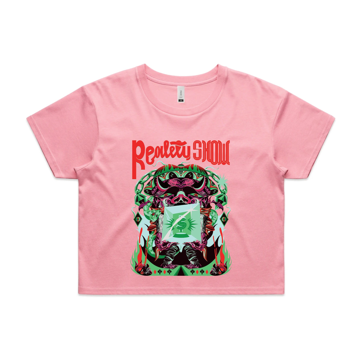 Bubblegum crop top with Reality Show graphic by Lonely Kids Club