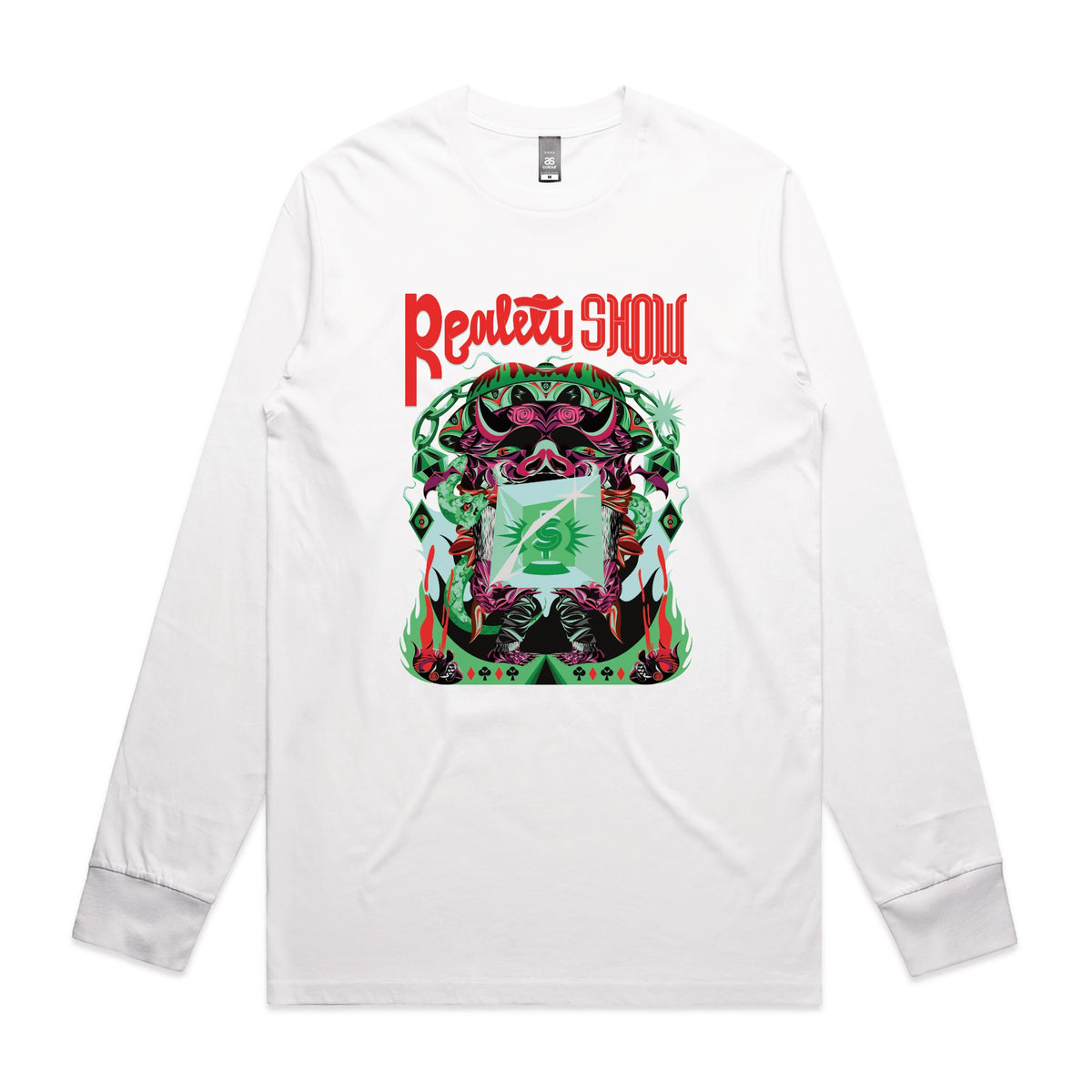 White long sleeve t-shirt with Reality Show graphic by Lonely Kids Club
