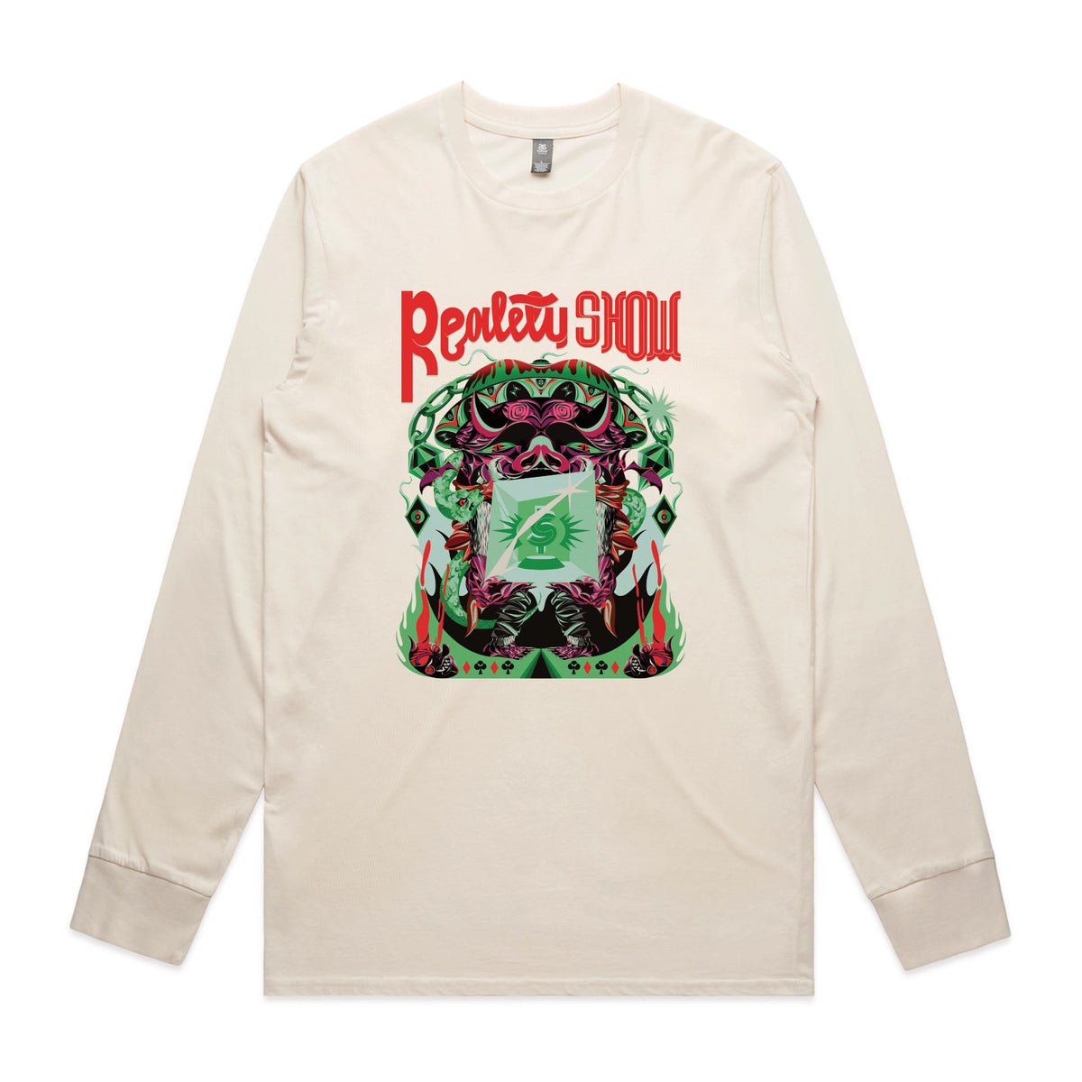 Ecru long sleeve t-shirt with Reality Show graphic by Lonely Kids Club