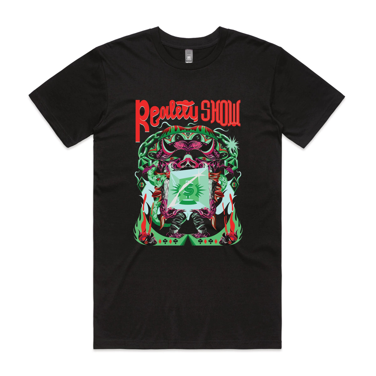 Black unisex t-shirt with Reality Show graphic by Lonely Kids Club