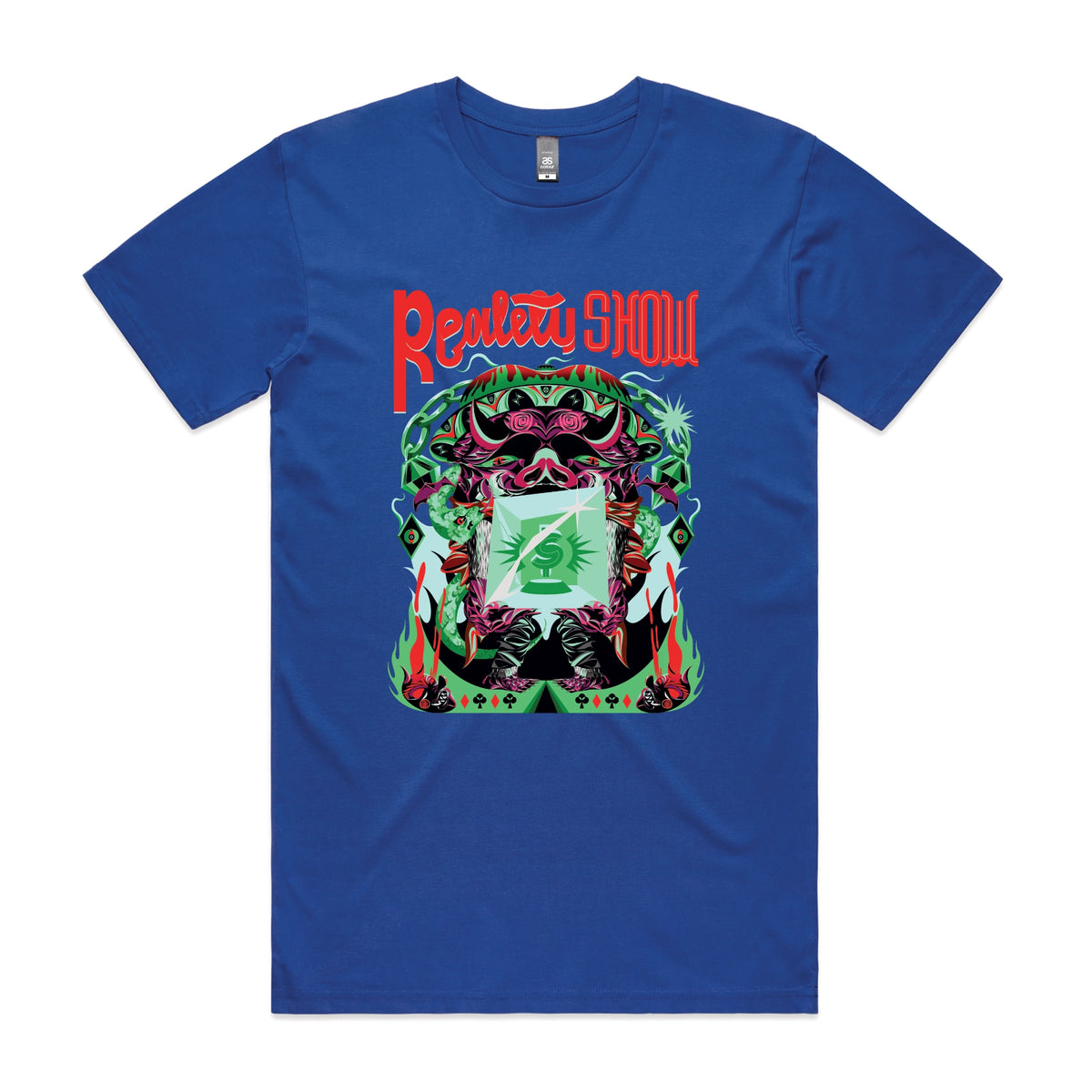 Royal Blue unisex t-shirt with Reality Show graphic by Lonely Kids Club
