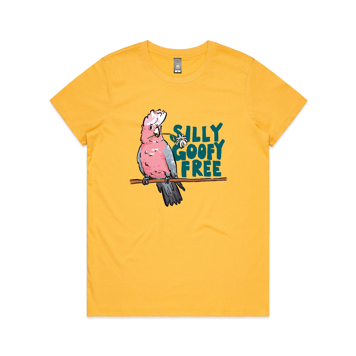 Yellow fitted womens t-shirt with Silly Goofy Free graphic by Lonely Kids Club