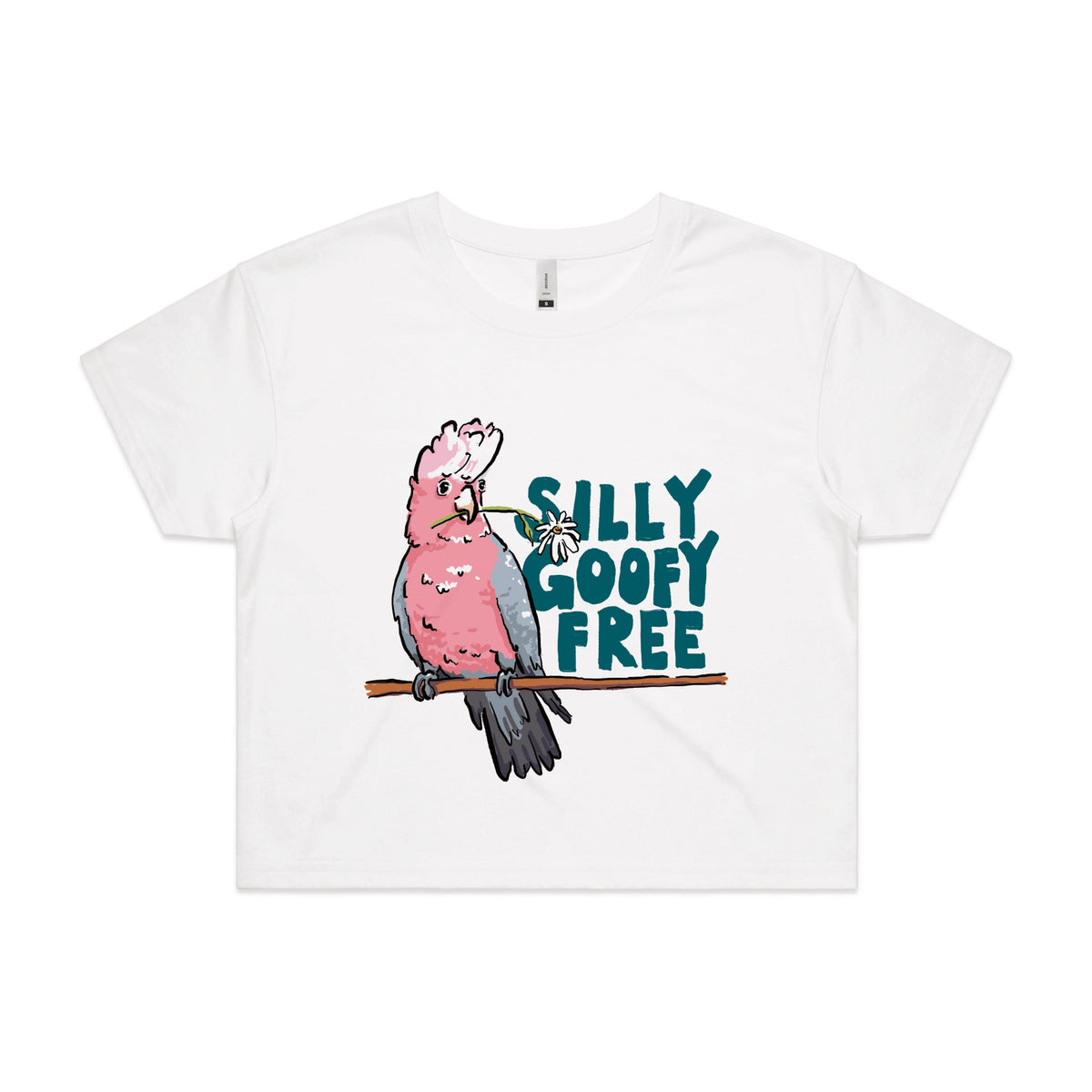 White crop top with Silly Goofy Free graphic by Lonely Kids Club