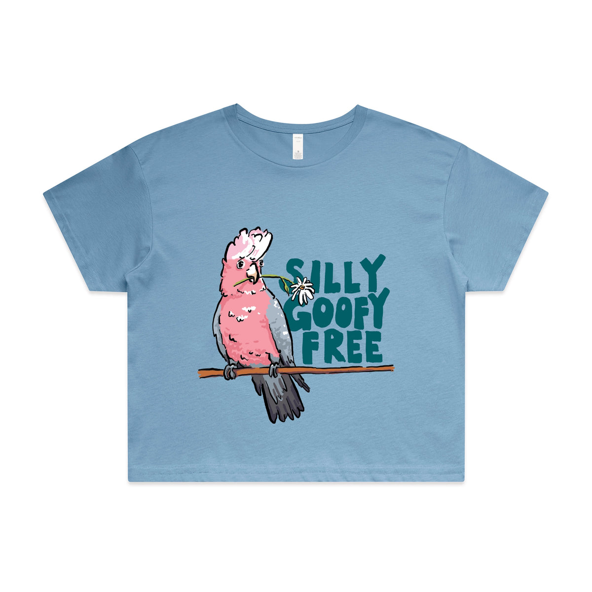 Carolina Blue crop top with Silly Goofy Free graphic by Lonely Kids Club