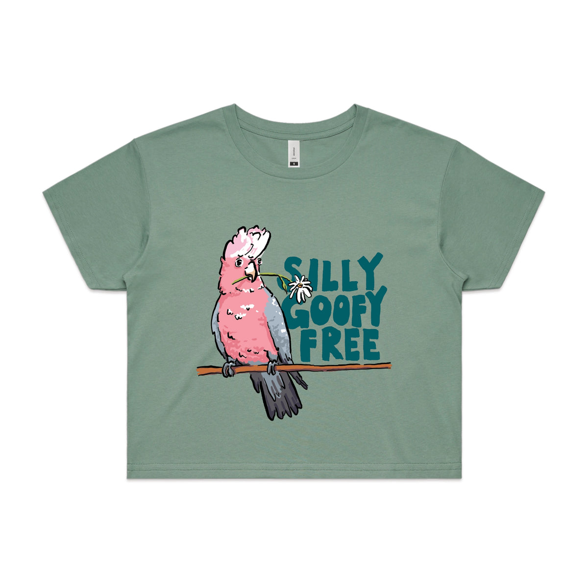 Sage crop top with Silly Goofy Free graphic by Lonely Kids Club