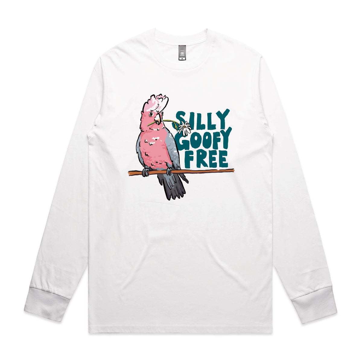 White long sleeve t-shirt with Silly Goofy Free graphic by Lonely Kids Club
