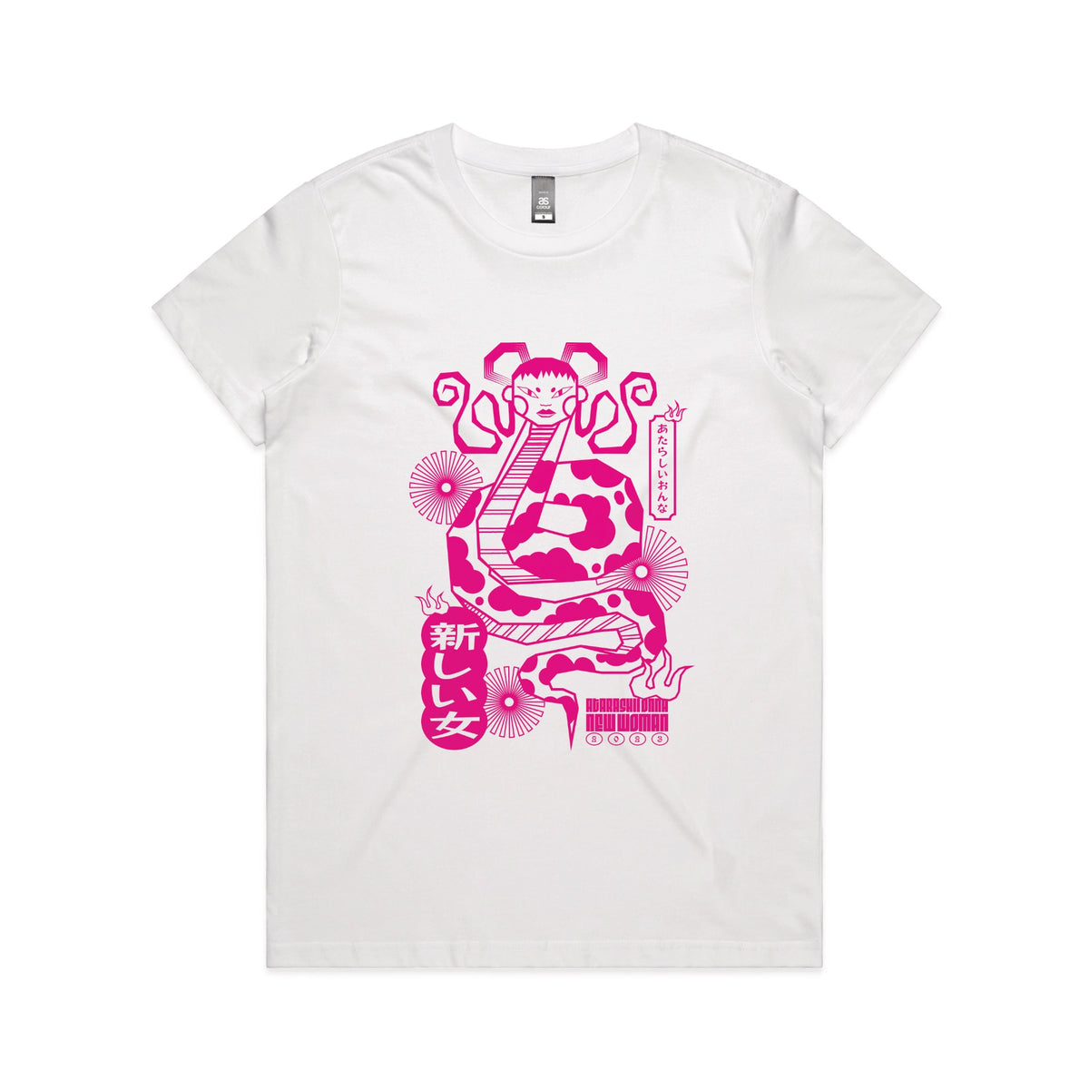 White fitted womens t-shirt with Lady Snake graphic by Lonely Kids Club