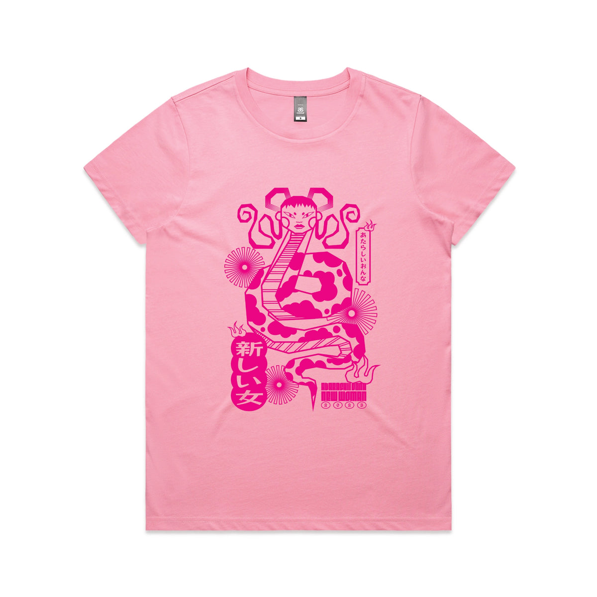 Bubblegum fitted womens t-shirt with Lady Snake graphic by Lonely Kids Club