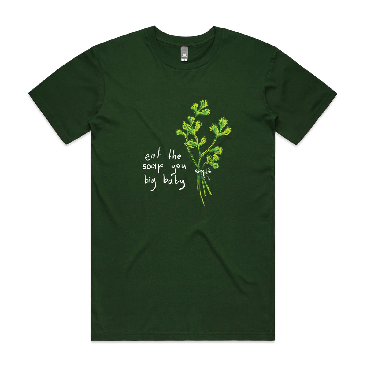 Forest Green unisex t-shirt with Eat The Soap graphic by Lonely Kids Club