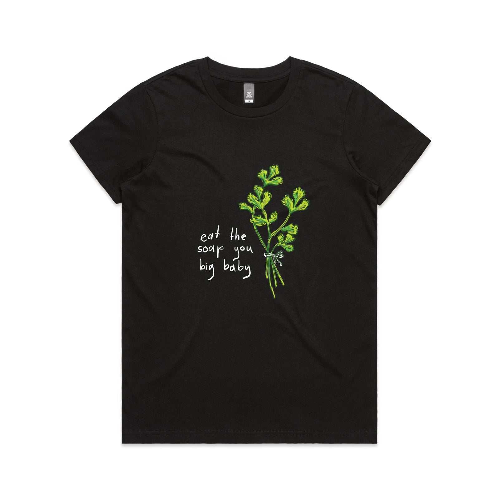 Black fitted womens t-shirt with Eat The Soap graphic by Lonely Kids Club