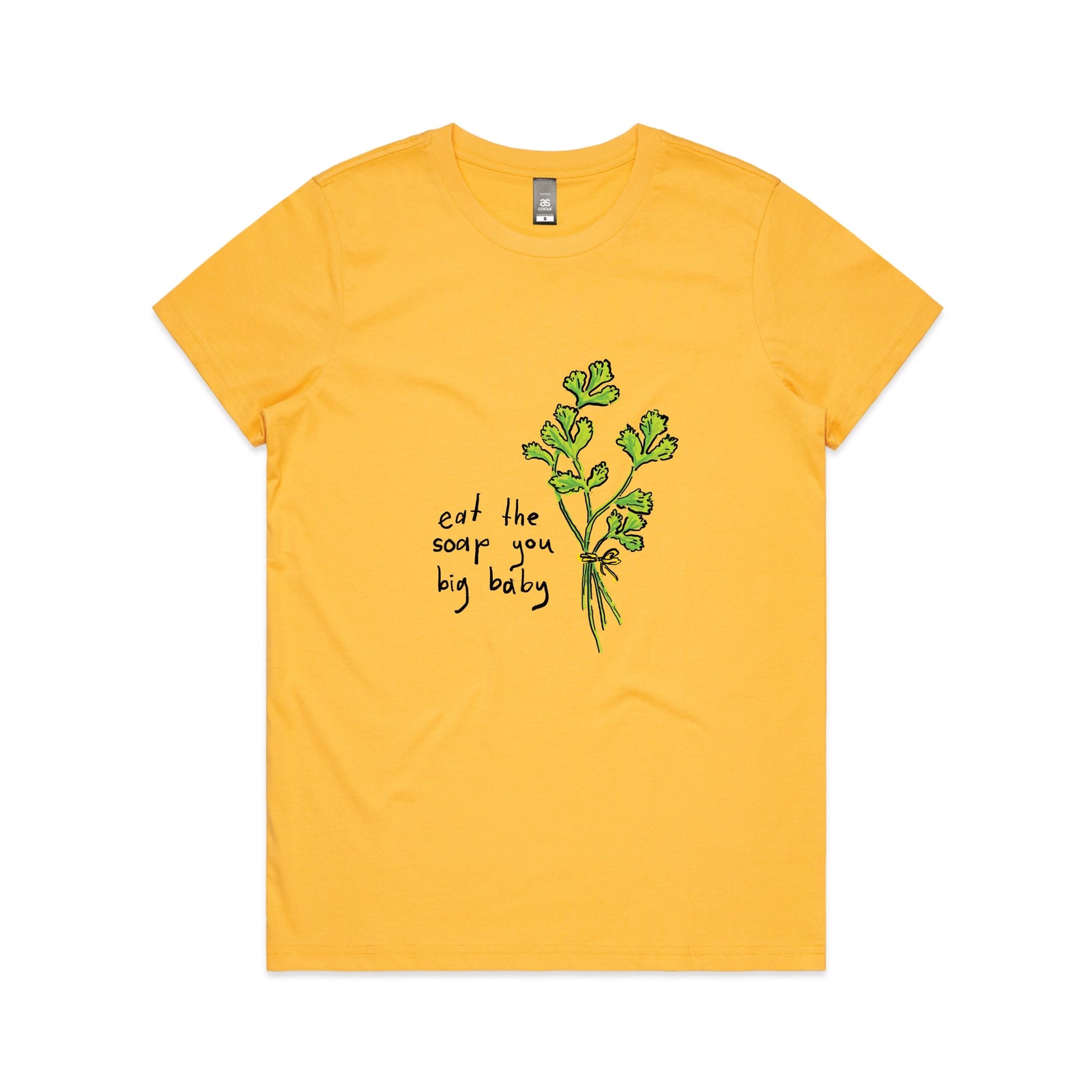 Yellow fitted womens t-shirt with Eat The Soap graphic by Lonely Kids Club
