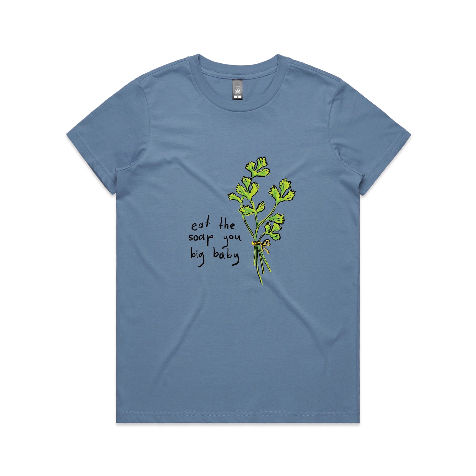 Carolina Blue fitted womens t-shirt with Eat The Soap graphic by Lonely Kids Club