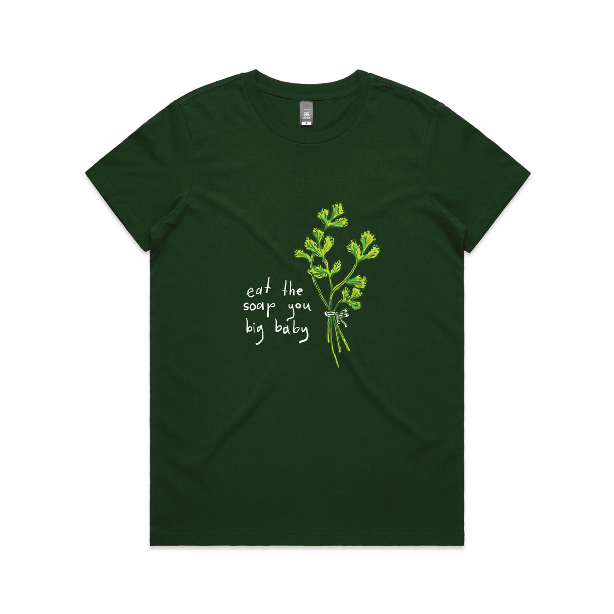 Forest Green fitted womens t-shirt with Eat The Soap graphic by Lonely Kids Club