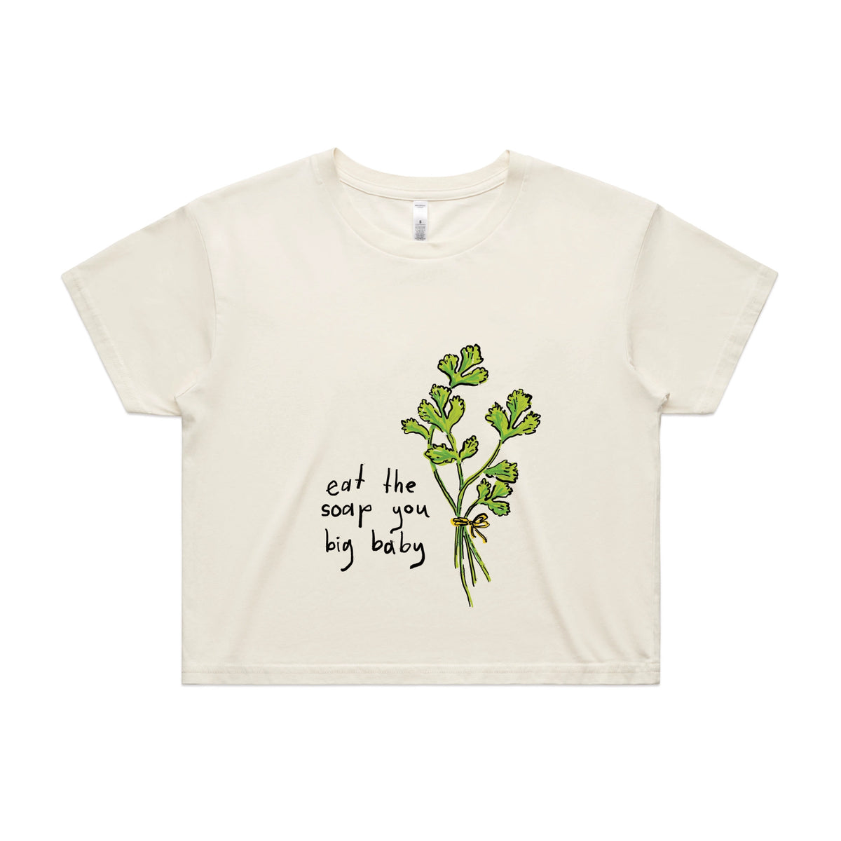 Ecru crop top with Eat The Soap graphic by Lonely Kids Club