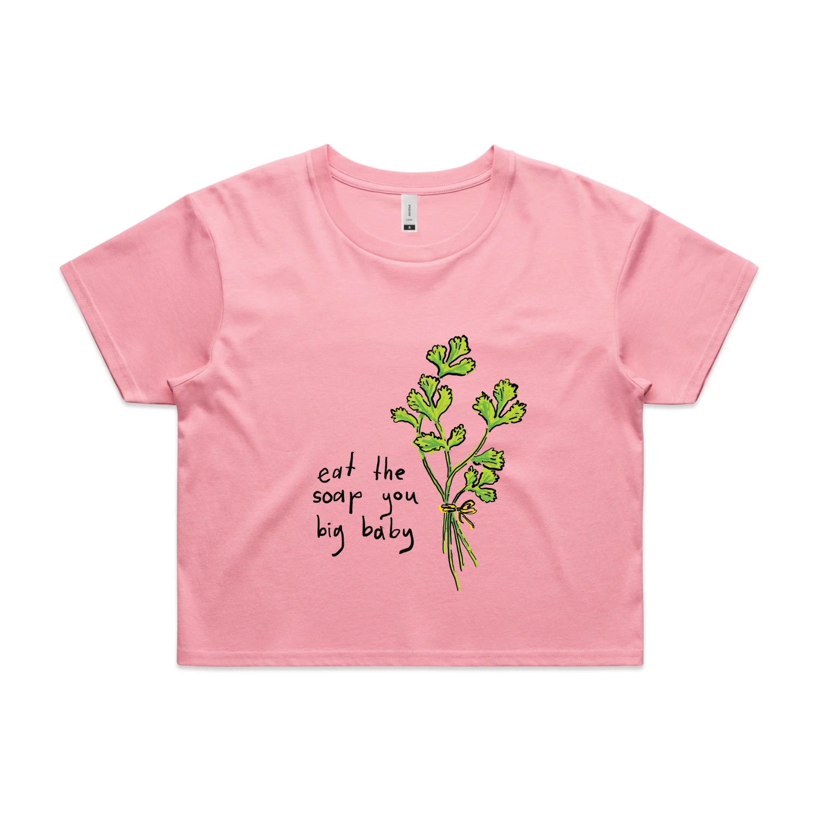 Bubblegum crop top with Eat The Soap graphic by Lonely Kids Club