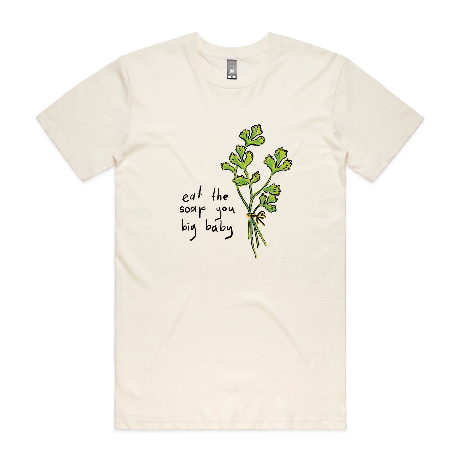 Ecru unisex t-shirt with Eat The Soap graphic by Lonely Kids Club