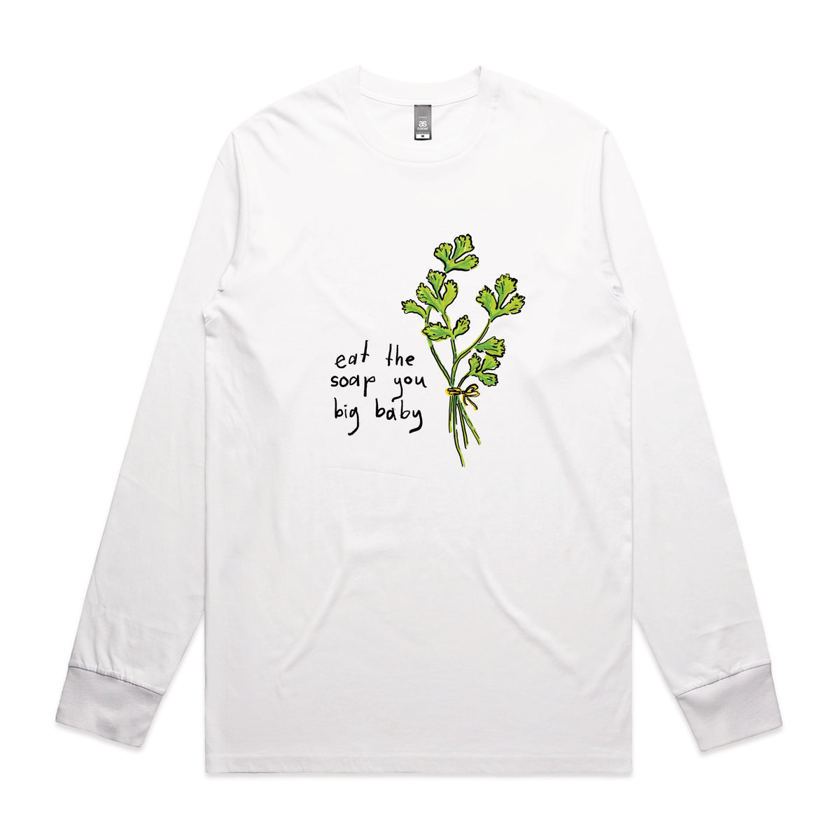 White long sleeve t-shirt with Eat The Soap graphic by Lonely Kids Club