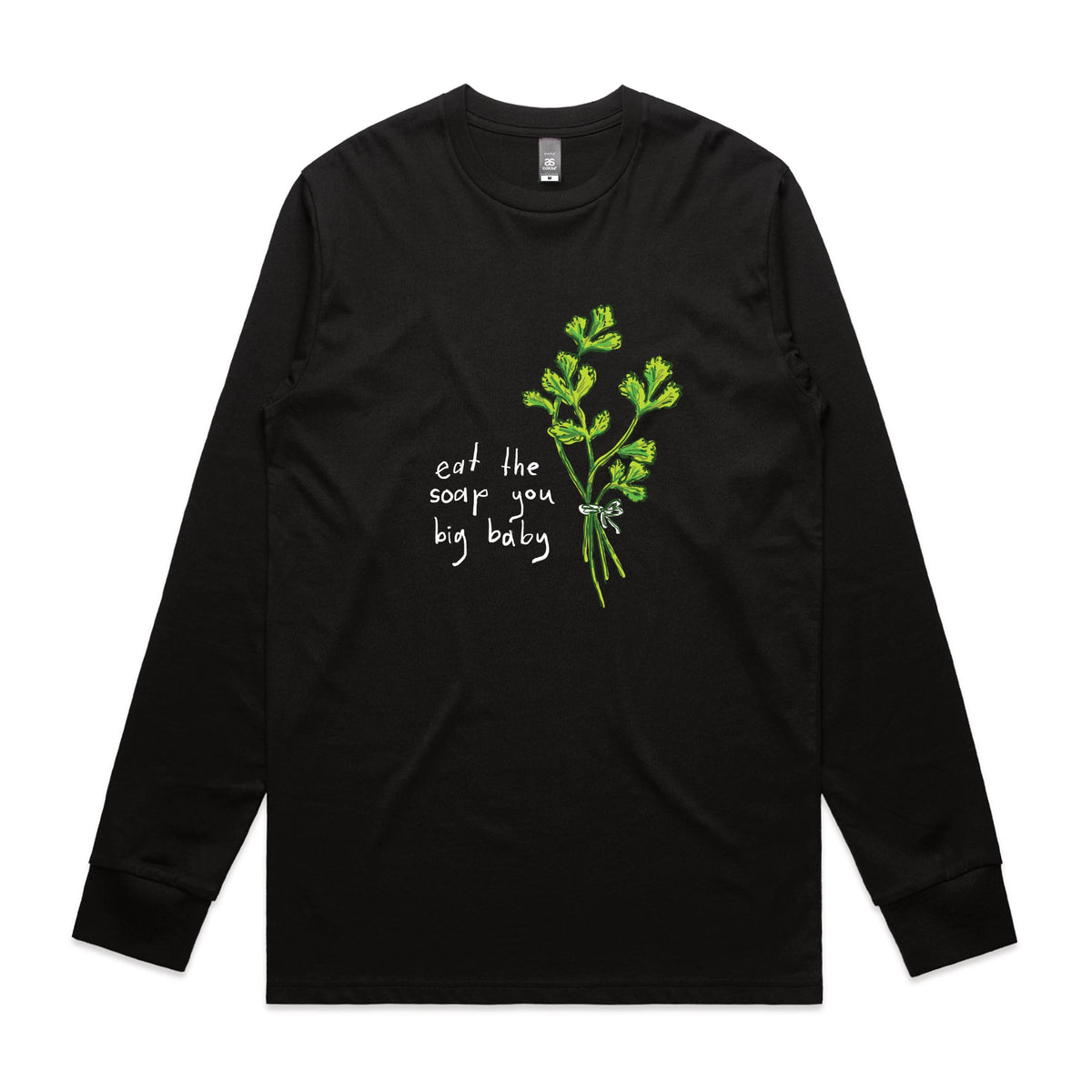 Black long sleeve t-shirt with Eat The Soap graphic by Lonely Kids Club