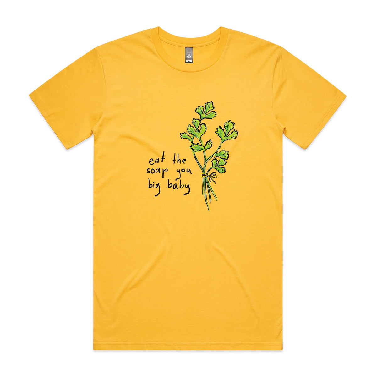 Yellow unisex t-shirt with Eat The Soap graphic by Lonely Kids Club