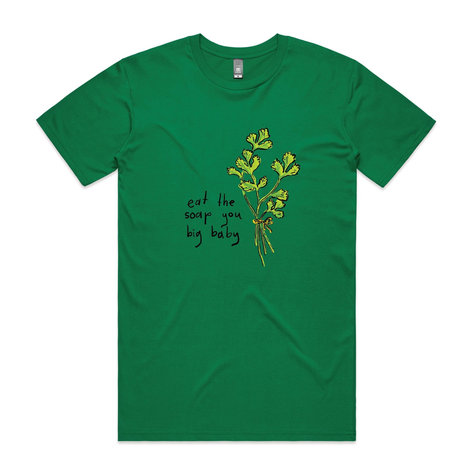 Green unisex t-shirt with Eat The Soap graphic by Lonely Kids Club