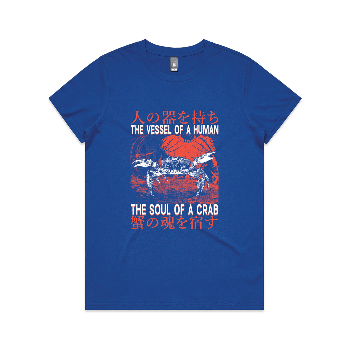 Royal Blue fitted womens t-shirt with Soul Of A Crab graphic by Lonely Kids Club