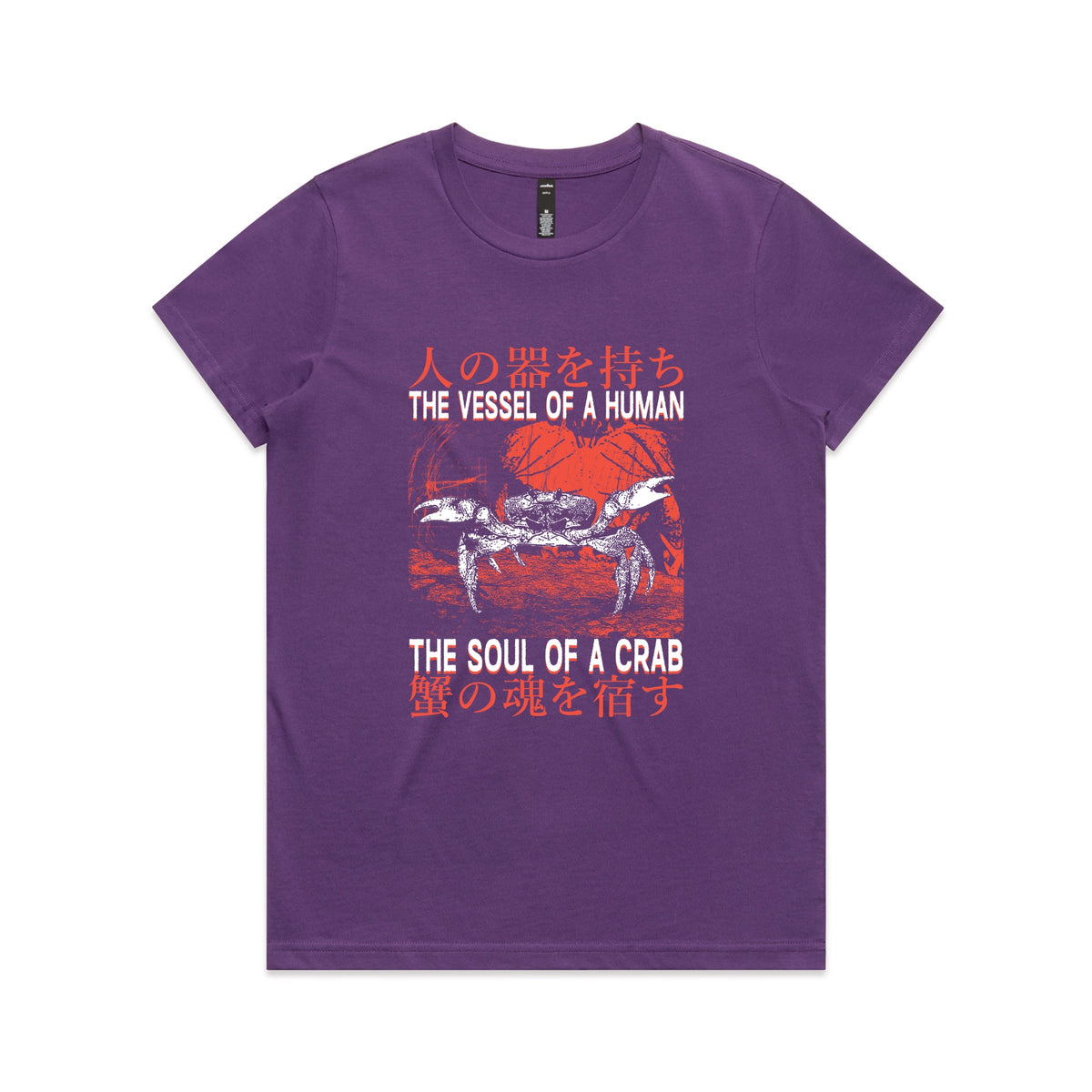Purple fitted womens t-shirt with Soul Of A Crab graphic by Lonely Kids Club