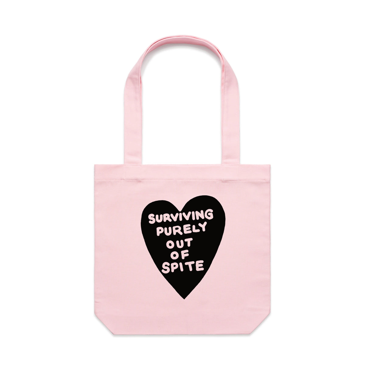 Pink carrie tote with Spite Tote graphic by Lonely Kids Club
