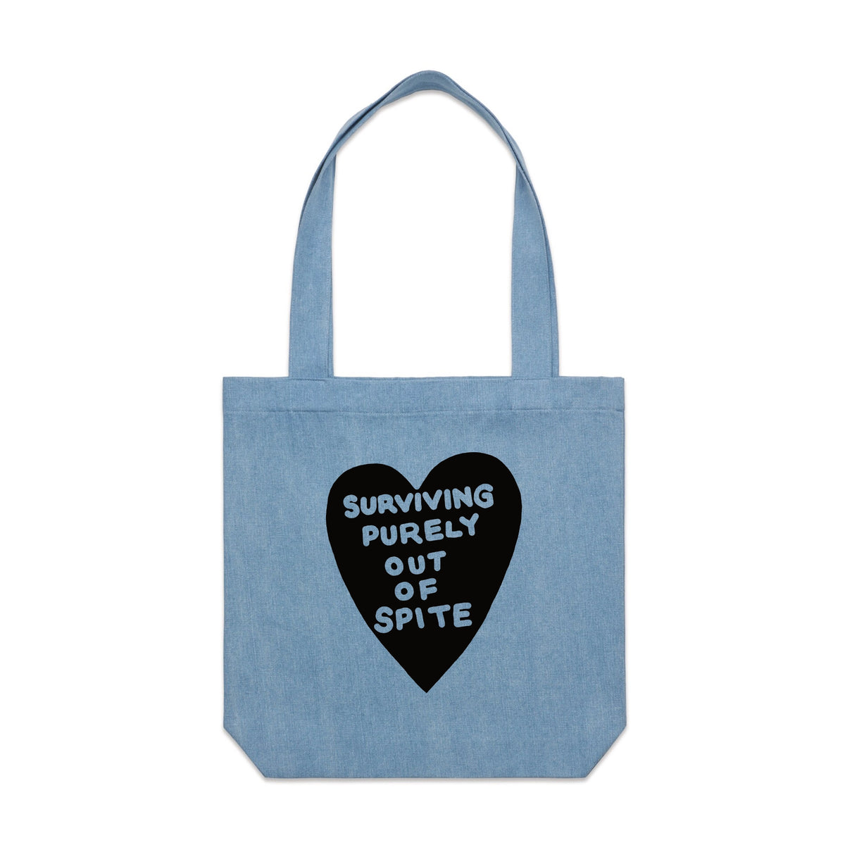 Denim carrie tote with Spite Tote graphic by Lonely Kids Club