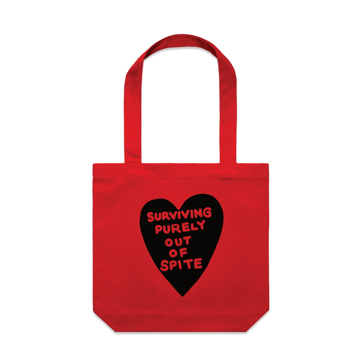 Red carrie tote with Spite Tote graphic by Lonely Kids Club