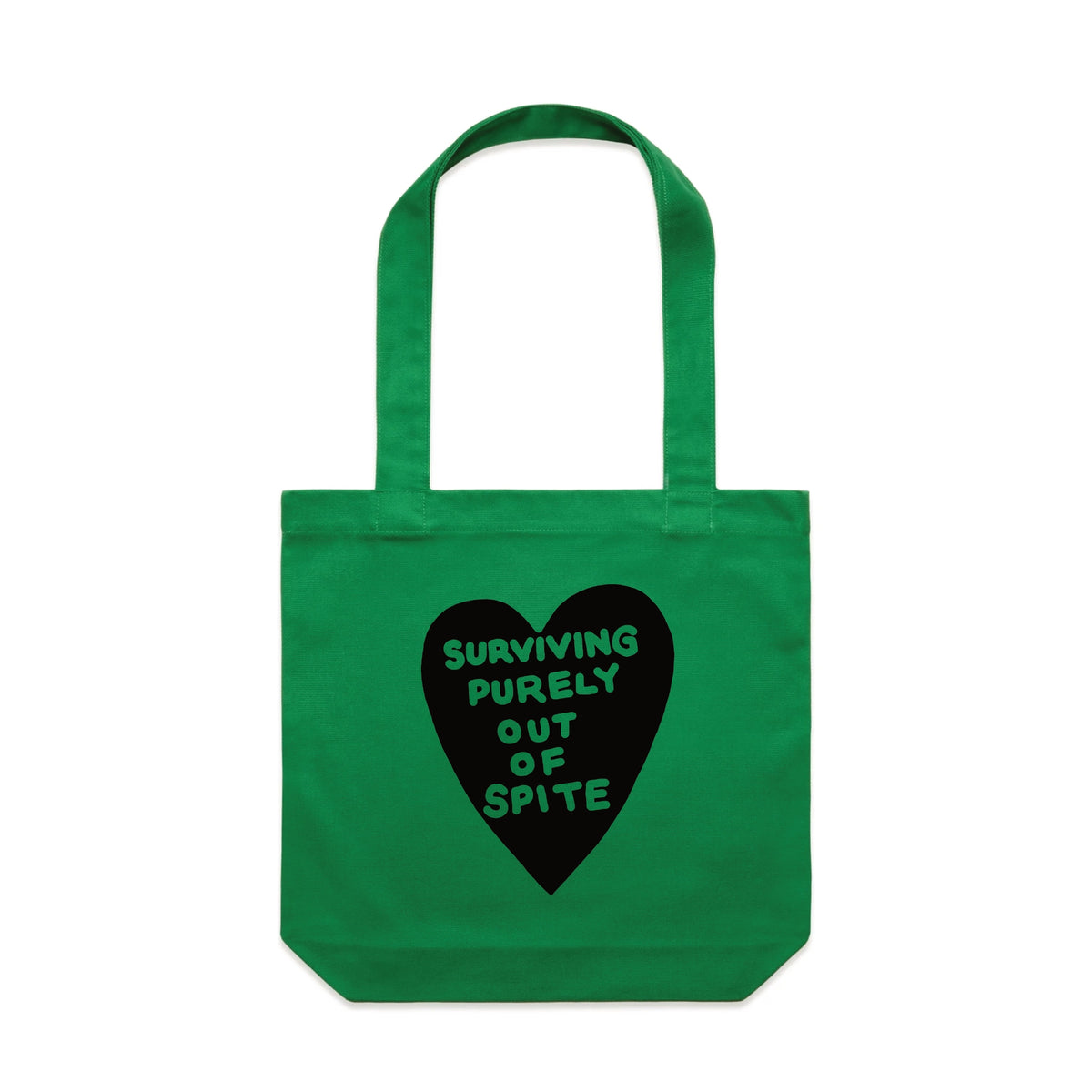 Green carrie tote with Spite Tote graphic by Lonely Kids Club
