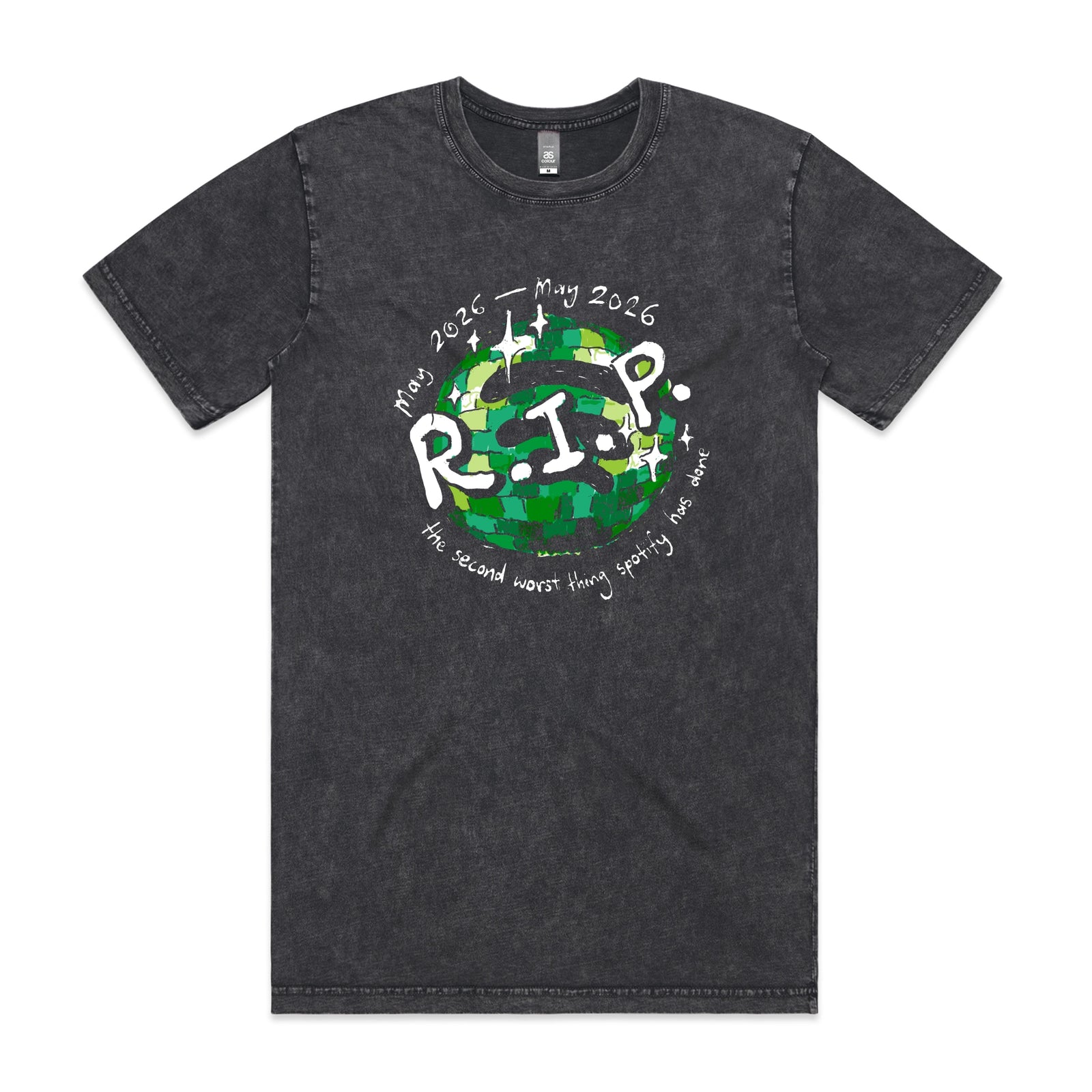 Spotify disco ball t-shirt featuring the short lived 20th anniversary app icon on acid wash tee