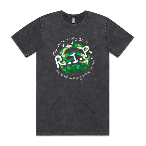 Spotify disco ball t-shirt featuring the short lived 20th anniversary app icon on acid wash tee