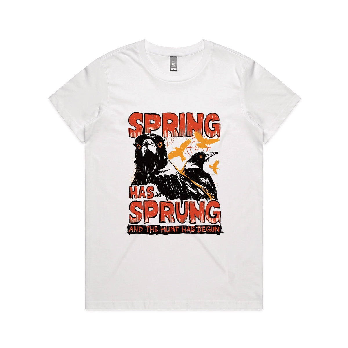 White fitted womens t-shirt with Spring Has Sprung graphic by Lonely Kids Club