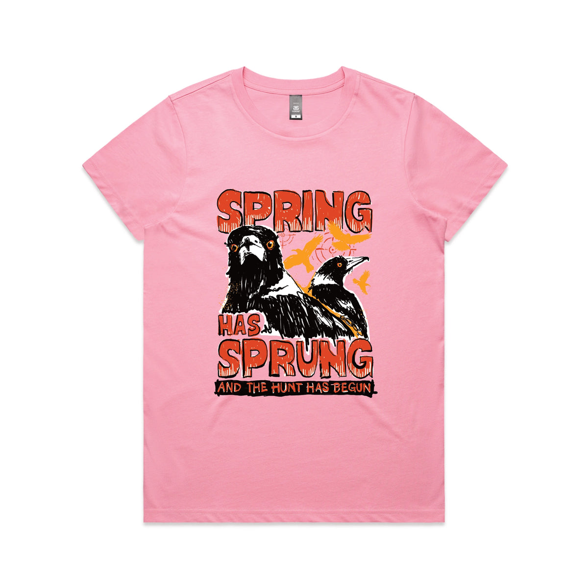 Bubblegum fitted womens t-shirt with Spring Has Sprung graphic by Lonely Kids Club