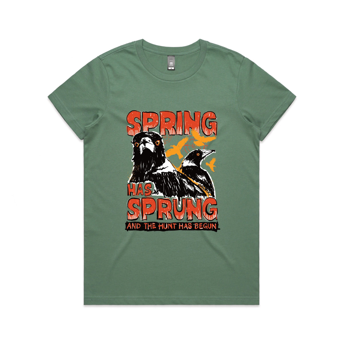 Sage fitted womens t-shirt with Spring Has Sprung graphic by Lonely Kids Club